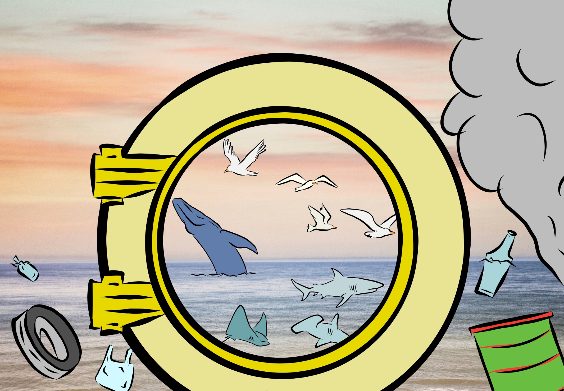 Illustrazione: un oblò giallo si affaccia su un mare al tramonto con una balena, gabbiani, uno squalo e una manta; attorno, sulla spiaggia, rifiuti e una colonna di fumo grigio.