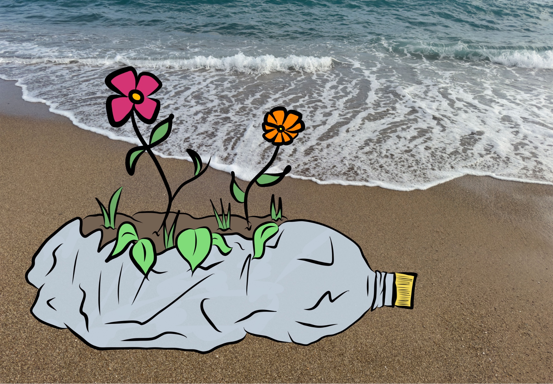 Illustrazione: due fiori — uno fucsia e uno arancione — germogliano da una bottiglia di plastica accartocciata sulla battigia di una spiaggia.